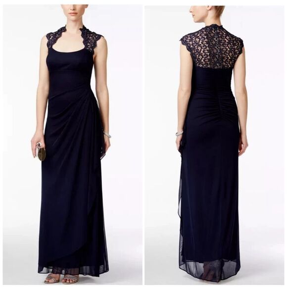 Xscape Stand-Collar Illusion Back Navy Blue Formal Gown Size 16W Ruched Lace NEW - Picture 1 of 16